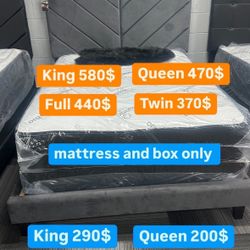 Huge sale for Mattress And Box Twin size mattress and box 150.$ full 190$ Queen 200$ king 290$. Mattress And Box and frame and headboard. King 580$ Qu