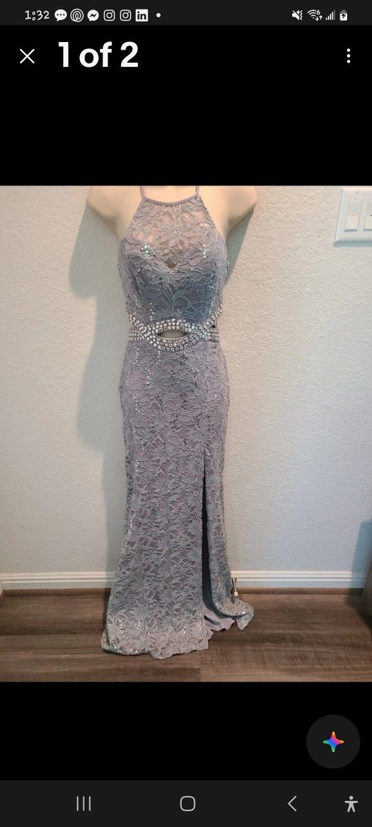 Gorgeous Silver Gray Lace Cut Out High Slit Halter Prom Formal Dress Sz 3