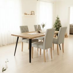 Homy Casa Lancelot 5 Piece Dining Table Set 63” Walnut Table with 4 Douro Upholstered Chairs,Gray