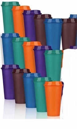 Domensi 16Pack Reusable Coffee Cups with Lids, 16 oz Disposable Travel Cups, Bulk Plastic To-Go Cups for Hot and Cold Drinks, Party Favors, Coworkers,