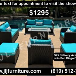NEW🔥Outdoor Patio Furniture Set 7 Pc Black Wicker Turquoise Cushions with 45" Firepit ASSEMBLED