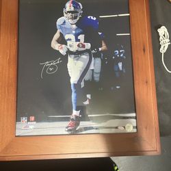 Tiki Barber autographed photo (New York Giants Most Rushing Yards Career) 16x20 Steiner Sports Hologram framed