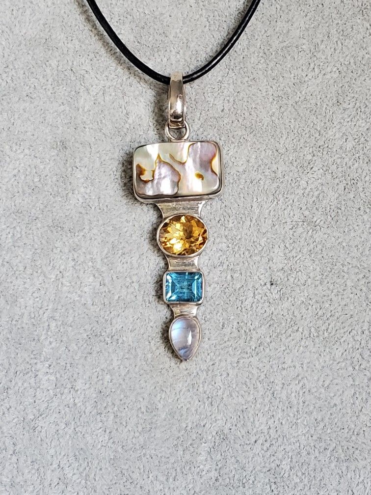 Beautiful Sterling Silver Abalone, Citrine, Blue Topaz and Moonstone Pendant Necklace