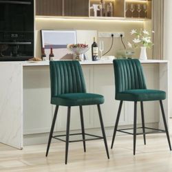 Green High Back Metal Bar Stool with Velvet Seat, Adjustable Legs (Set of 2), New In Box