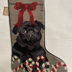 Needlepoint Black Pug Christmas Stocking 
