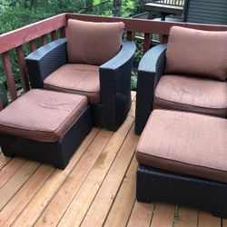 2 Brown Chase Wicker Chairs With Ottomans And Cabinet