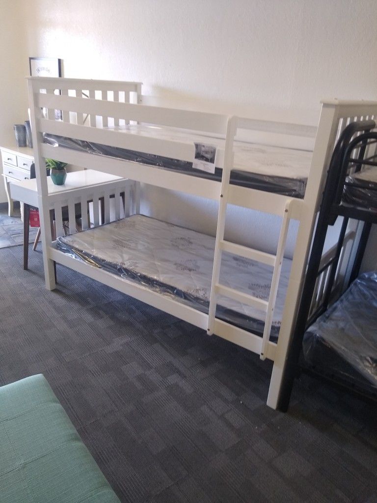 White Twin size bunk bed frame With Mattresses Included