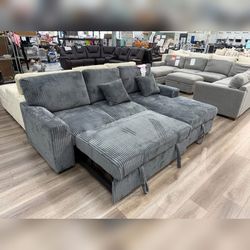 Gray Corduroy sectional pull out sofa bed sleeper sofa
