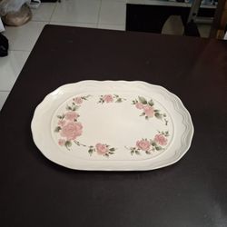 Vintage Gibson Housewares Roseland Pattern Oval Stoneware Pink Rose Platter Dishwasher & Microwave Safe 13.25" X 9"