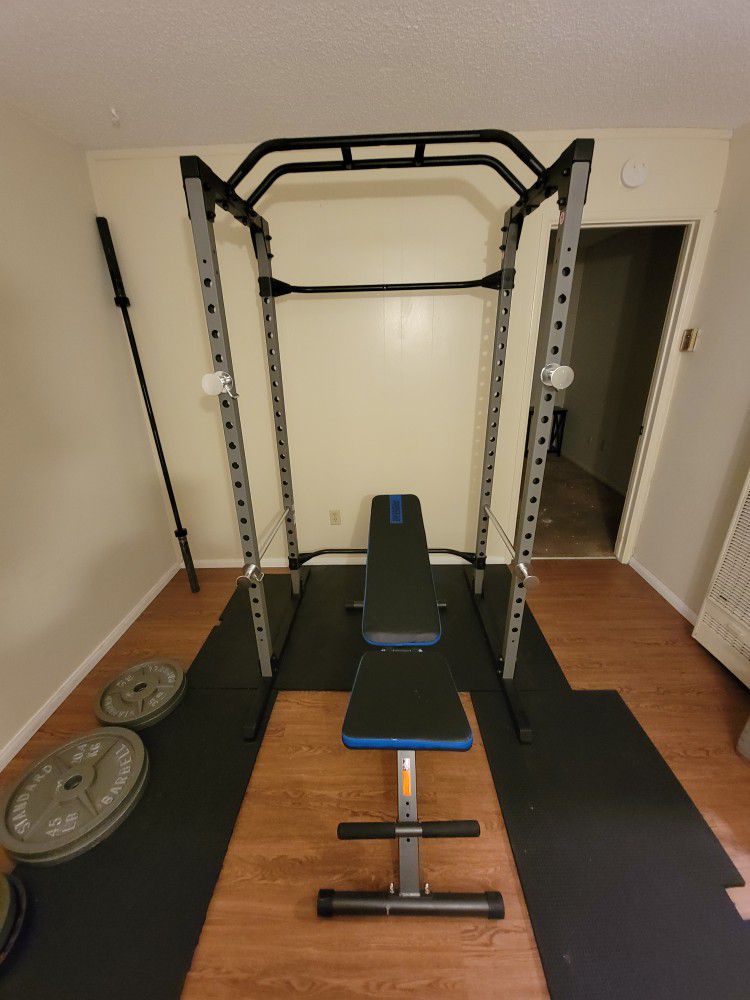 Weight Rack, Bench, Bar And Weights