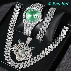 4-Pcs Men's Iced Out 14K White Gold-Plated Cubic Zirconia Wrist Watch, Tiger Head Pendant With 20"Cuban Chain Necklace & Bracelet Set