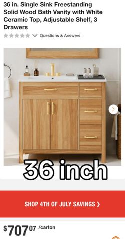 36 in. Single Sink Freestanding Solid Wood Bath Vanity with White Ceramic Top, Adjustable Shelf, 3 Drawers