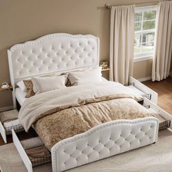 Elegant White Tufted Storage Bed with Built-In Drawers