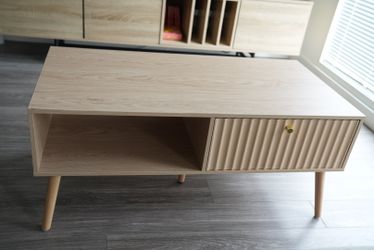 Modern Mid-Century Oak Coffee Table with Fluted Drawer & Storage  Price: