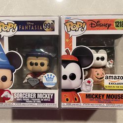 Mickey Mouse Funko Pop Set *MINT* Funko Shop Amazon Exclusive Diamond Sorcerer GLOW Pumpkin Disney Fantasia 990 with protector GITD 1218 Halloween