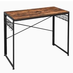 Computer Folding Desk, 39-Inch Writing Desk with 8 Hooks, Simple Small Desk, Study Workstation, No Tools Required for Home Office, Laptop and PC, Rust