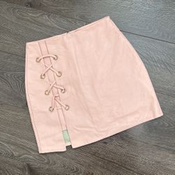 Baby Pink Leather Mini Skirt With Side Slit