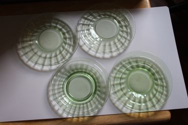 3 - 6 1/4" Block Optic Pattern Green Depression Sherbet Plates, 1 Saucer