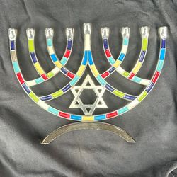 Colorful Star of David Large Hanukkah Menorah Modern Design, Made of Aluminum Hand Painted in Bright Enamel Colors