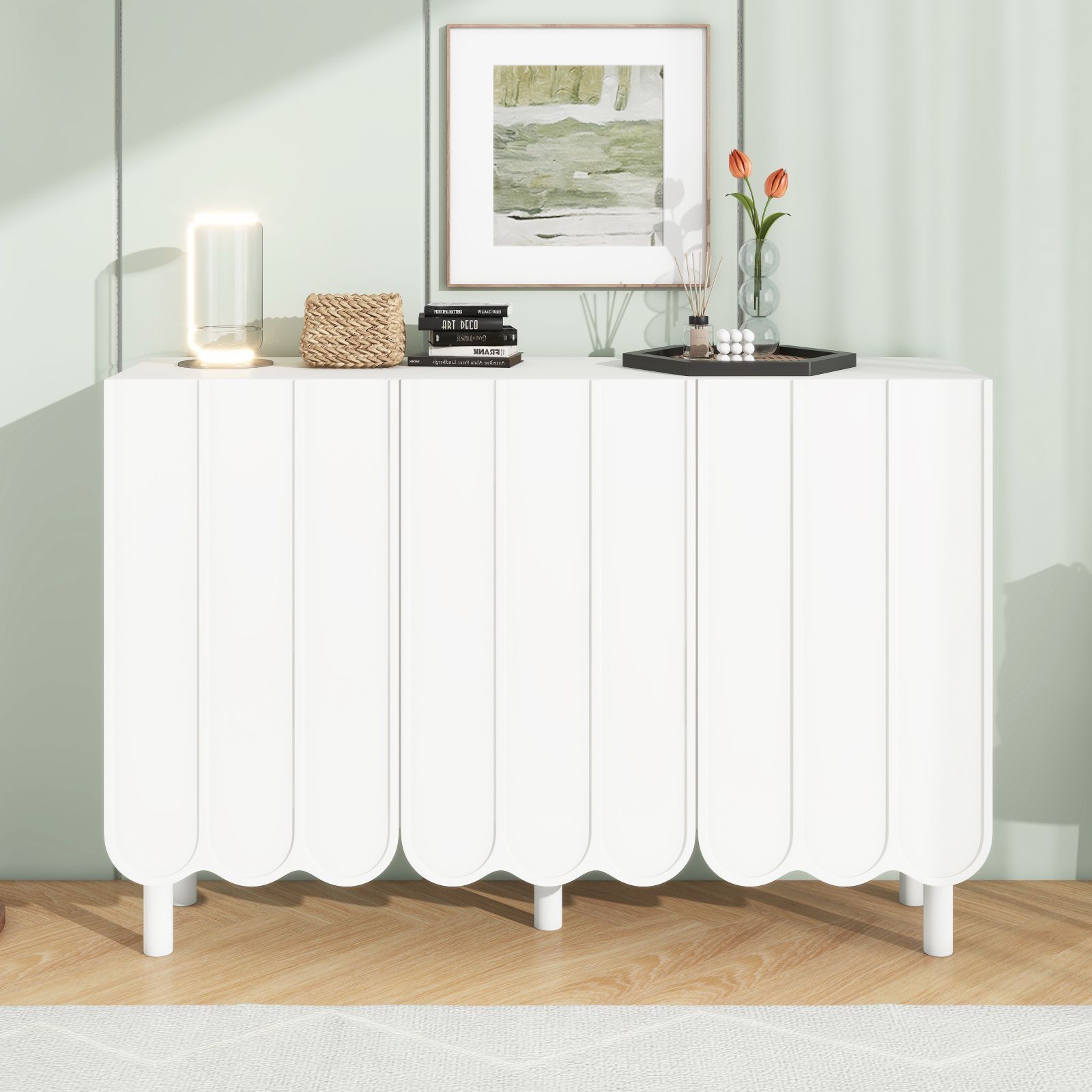 Modern White Storage Cabinet with Adjustable Shelves and 5 Wood Legs
