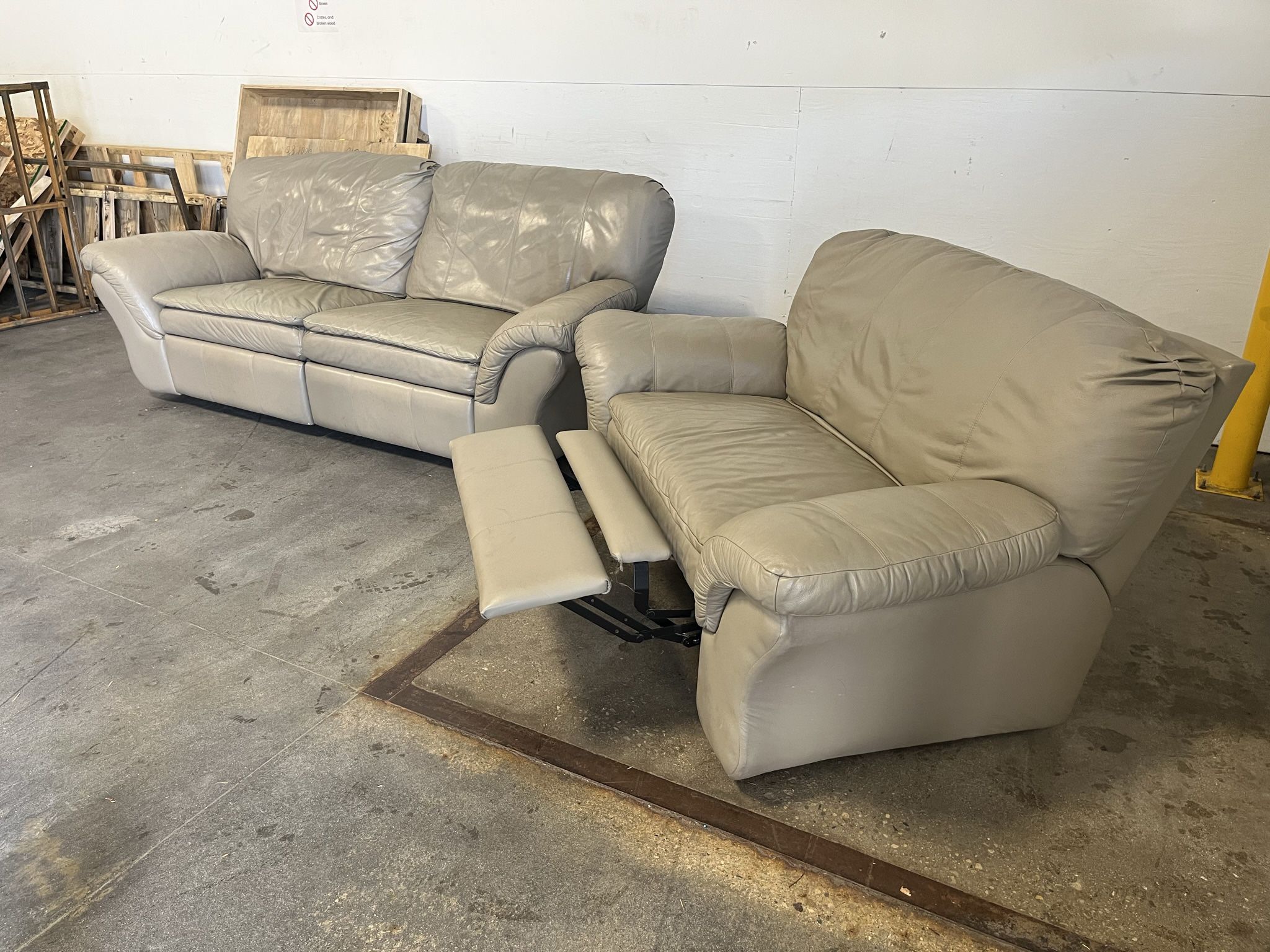 Genuine Leather Sofa & Oversized Recliner Chair Set - Comfy - Clean - Grey/Taupe Delivery Available 