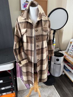 Brown Cream Plaid Shacket Longline Oversized Jacket Size M