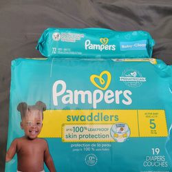 BAG OF PAMPERS SWADDLERS SIZE 5/19 DIAPERS & PACK OF PAMPERS WIPES (72 COUNT) FOR $12/$12 POR LOS 2