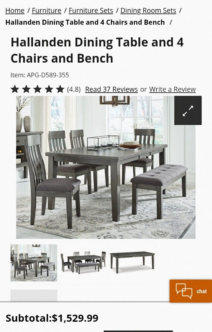 Ashley Furniture Charcoal Grey Hallanden Dining Table and 4 Chairs and Bench 4.8 ⭐⭐⭐⭐✨