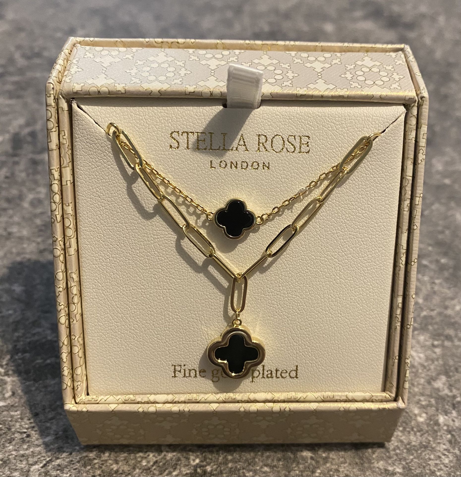 Stella Rose Black Clover Fine Gold Plated Necklace, 10mm, New in box.