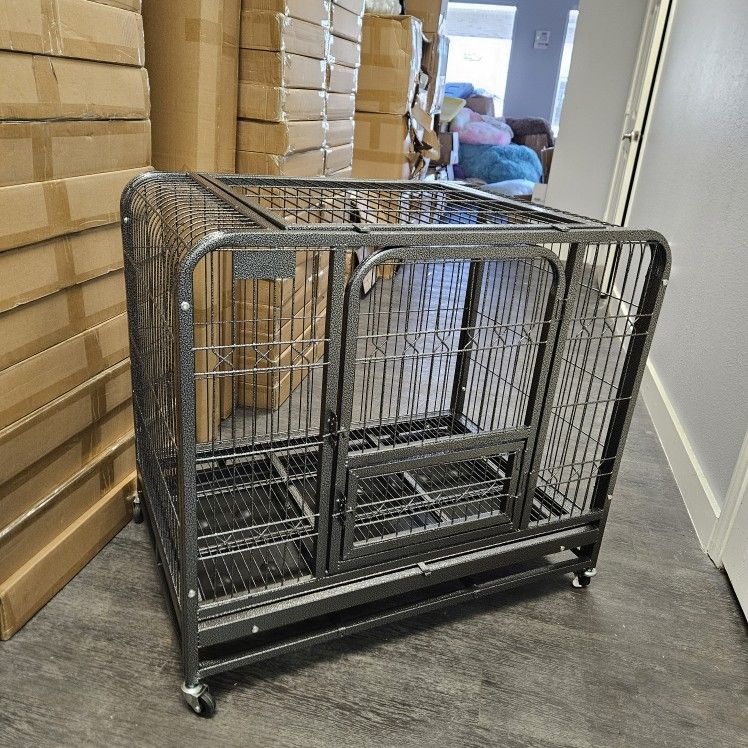 37in Heavy Duty Dog Crate Kennel With Trays And Casters