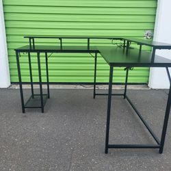 L Shaped Gaming Desk with Power Outlets & LED Lights