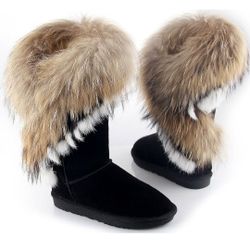 NEW APHNUS Womens Mid Calf Boots Cow Leather Fur Snow Boots

