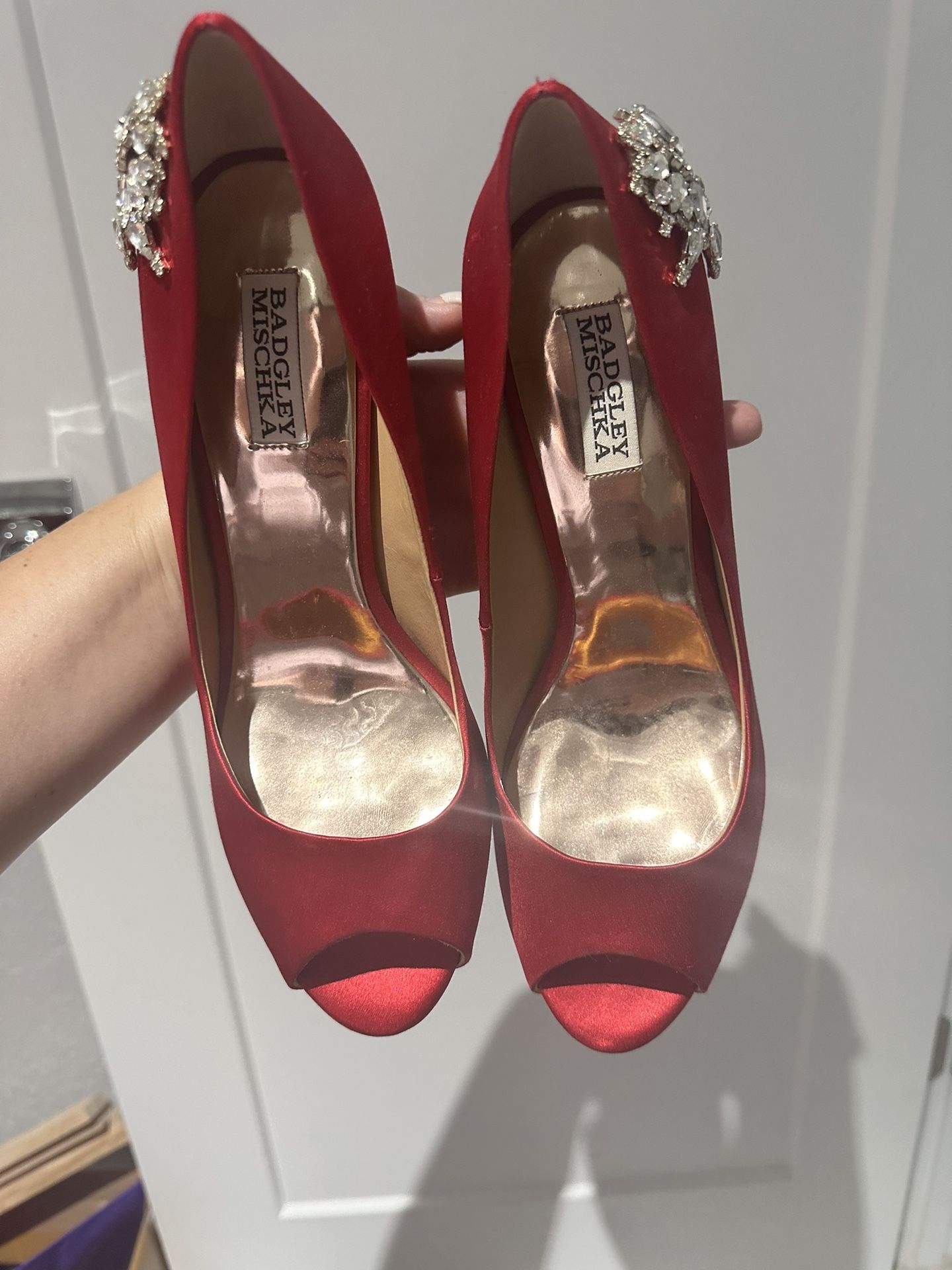 Badgley Mischka Designer Red High Heels With Crystals 