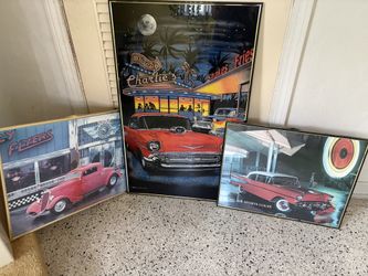 Three Framed Old Car Pictures