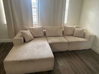 Large Cream Corduroy L-Shaped Sectional Sofa with Chaise – Modern & Cozy