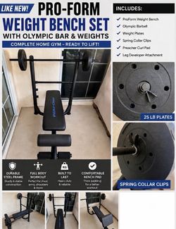 ProForm Weight Bench Set w/ Olympic Bar & Weights – Like New ($200)