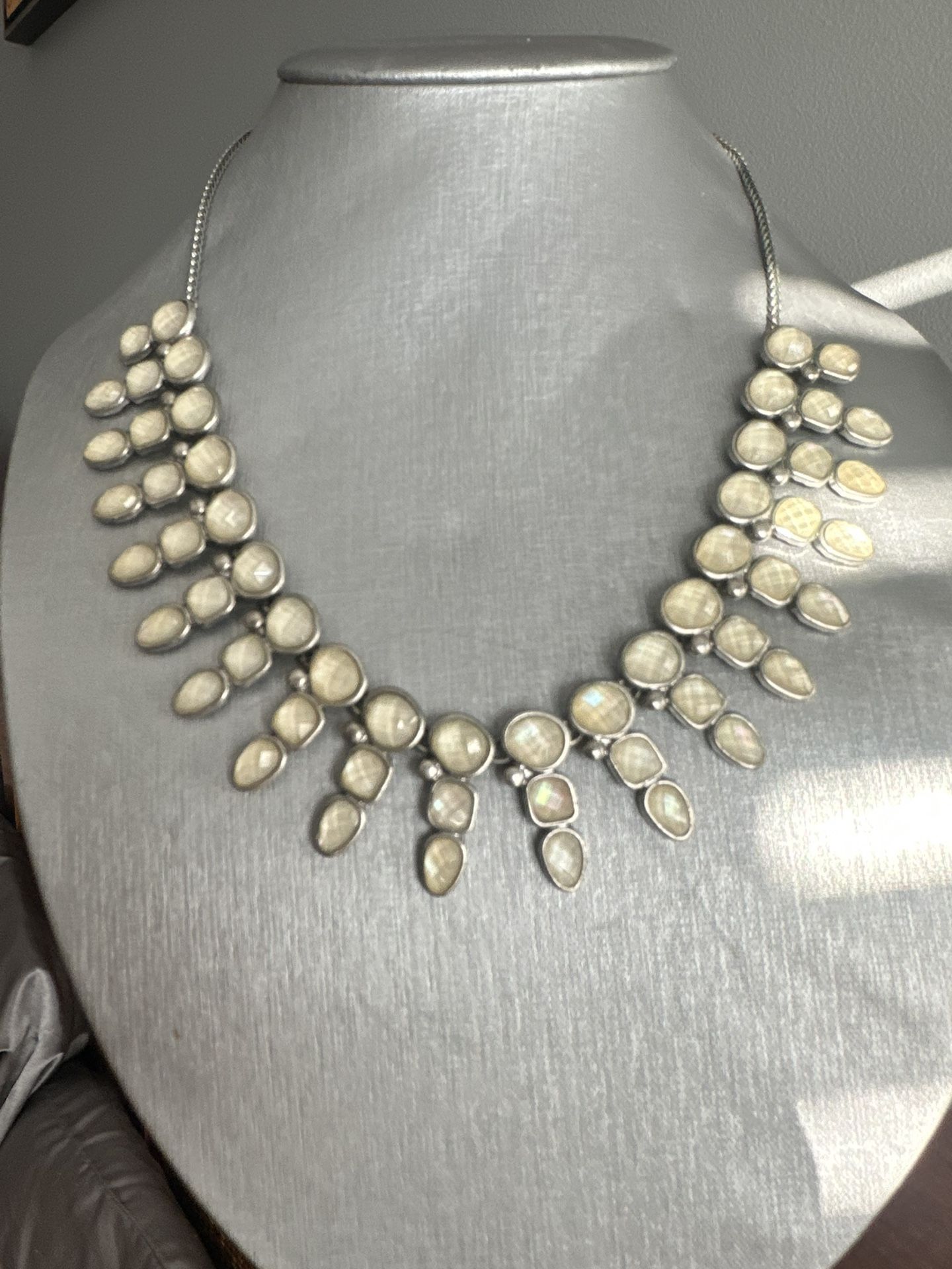 Lucky Brand Bohemian Bib Statement White Faceted Stone, Silver-tone Necklace