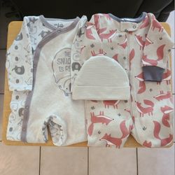 Baby Onesies Gerber Fox 0-3 M Chick Pea Elephants 3-6 M Gerber Cap 0- 3 M Bundle