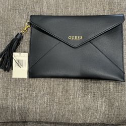 GUESS Clutch- Black Monogram Envelope Flap Trifold Wallet with Tassel Charger