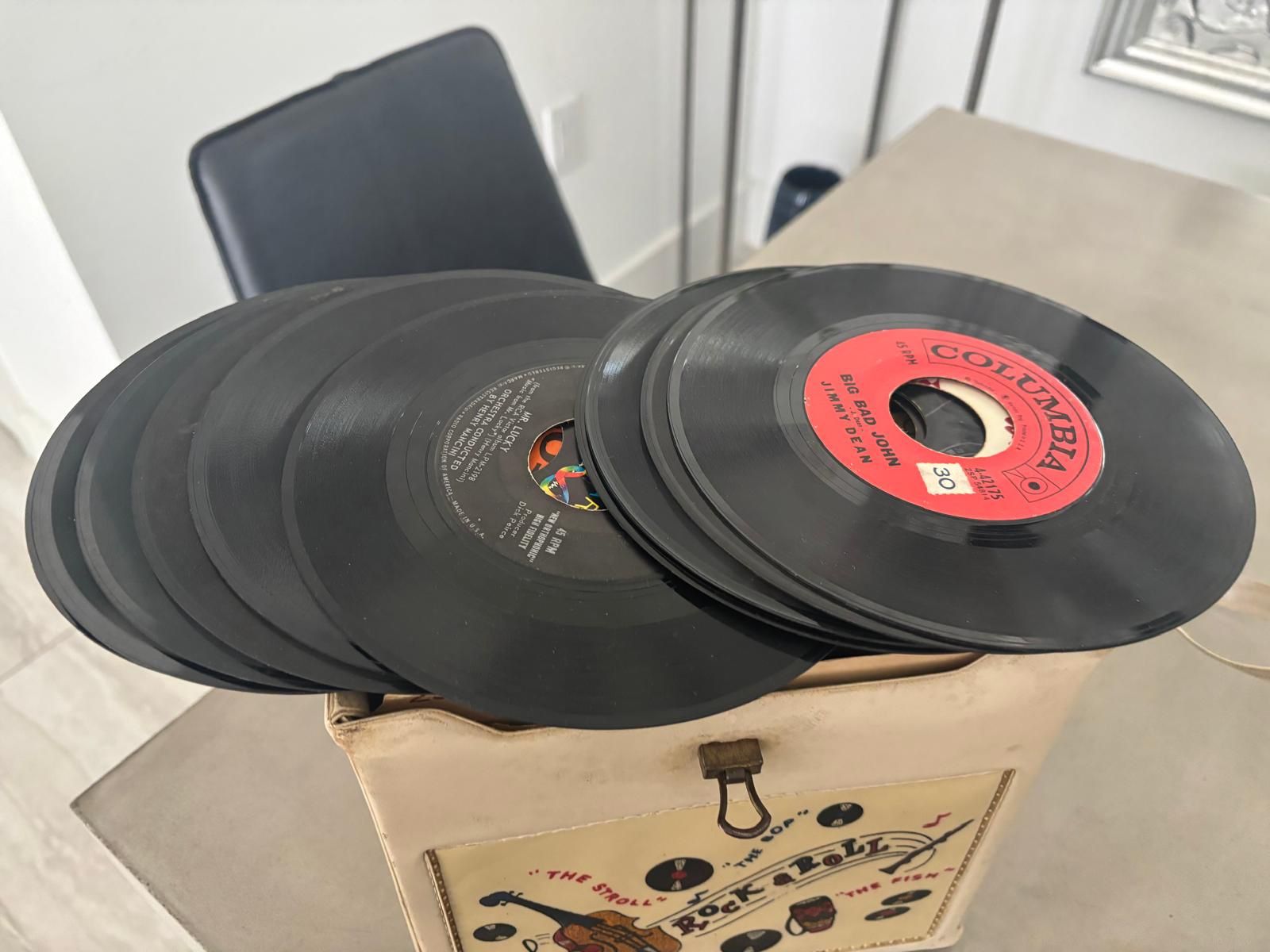 Records All Over Over 60 classic 45 vinyl records ..with original vintage case for Sale ...
