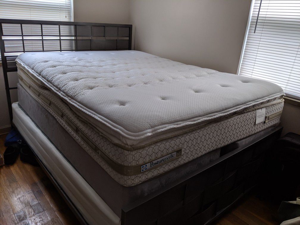 Sealy Posturepedic Ultra Plush Pillow top Queen size mattress, box spring, and metal bedframe.
