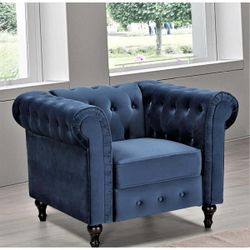 Modern Velvet Tufted Accent Sofa Couch Chair with Scroll Arms and Nailhead. (Blue)