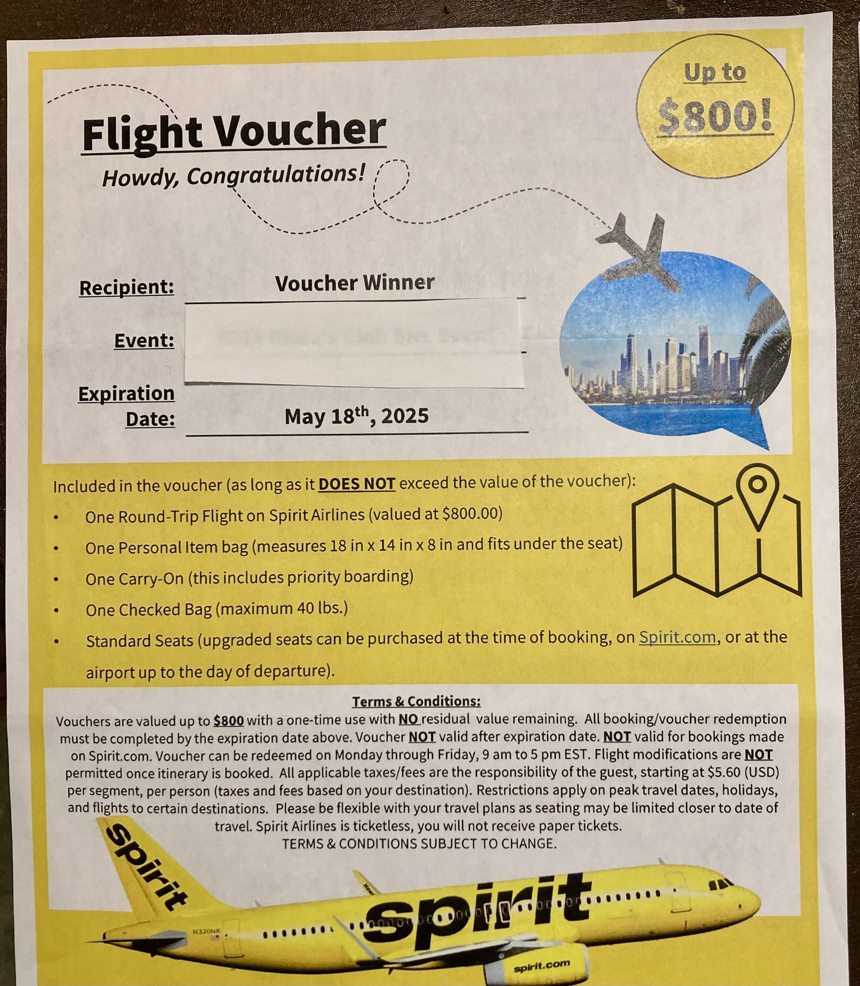 2 Spirit Round trip Flight Vouchers