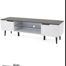 Grey White TV Stand With Glass Shelf