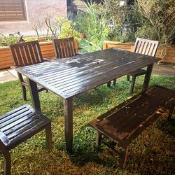 Black Metal Dining Set – 4 Chairs + Bench