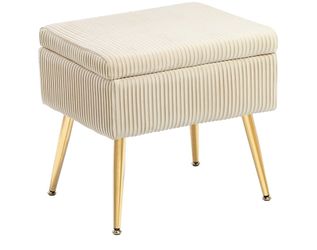 Cream Corduroy Storage Ottoman / Vanity Stool with Gold Legs