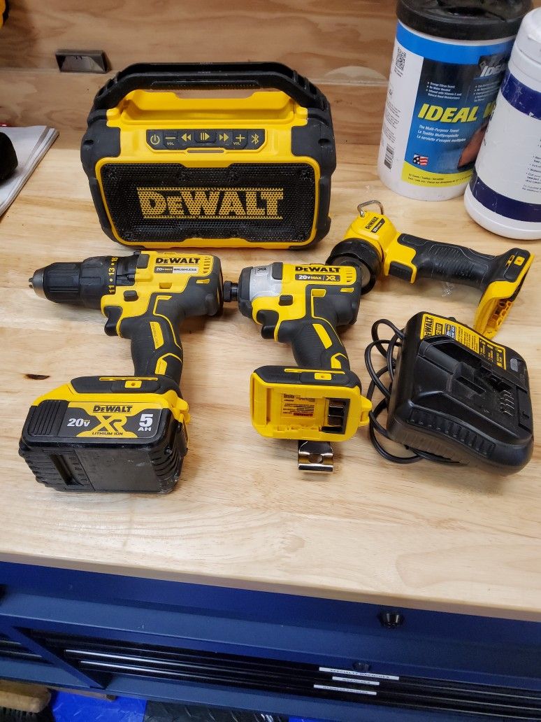Dewalt 20 Volt 1/2" Drill, Impact, Flashlight, Bluetooth Radio