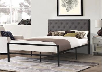 Metal Bed with Grey Fabric Upholstered Headboard &mattress
