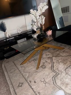 Glass Coffee Table with Tempered Glass Top and Gold Metal Legs, Modern Rectangle Center Table for Living Room,