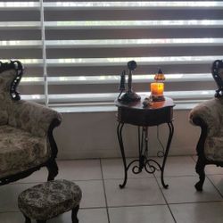 Baroque Style Vintage Arm Chairs with foot stool